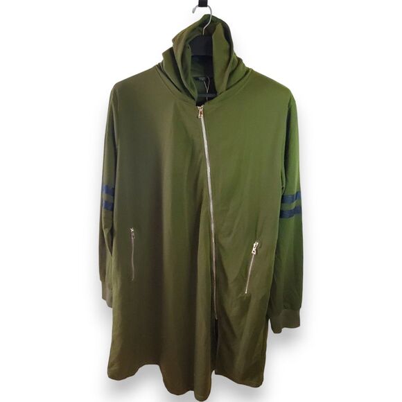 COOFANDY Cardigan Hoodie Mens XXL Green Navy Stripe Asymmetrical Zip Longline - Picture 1 of 12